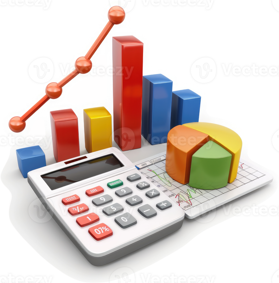 Colorful financial data visualization with calculator and graphs. png