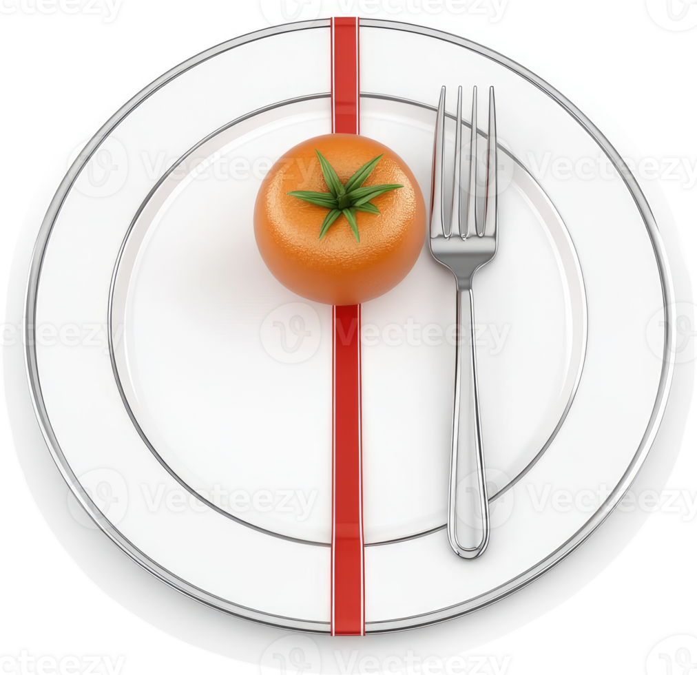Single tomato on a plate with a fork. png