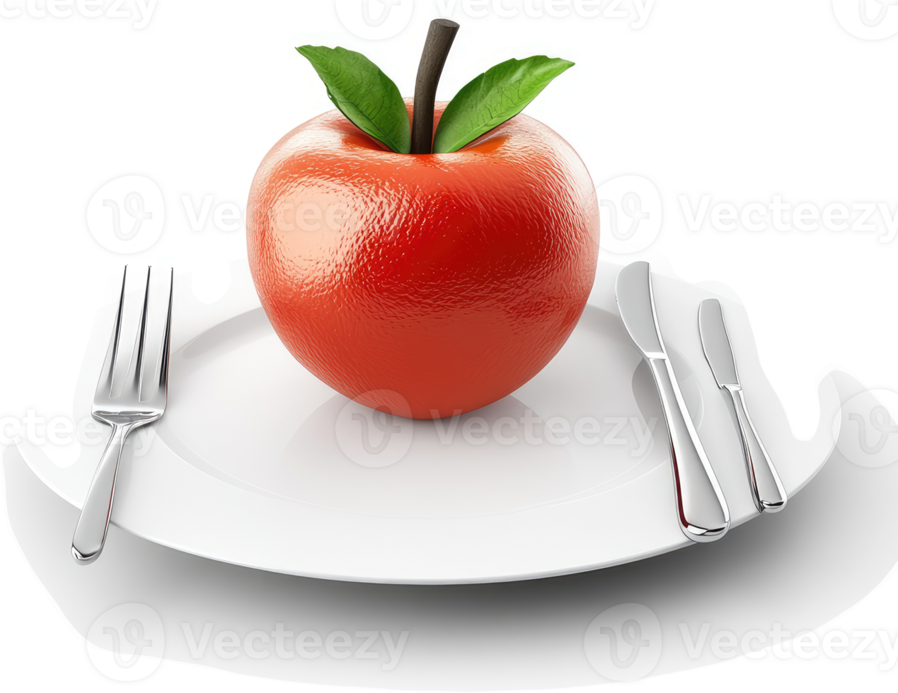 Single red apple presented on a white plate with utensils. png