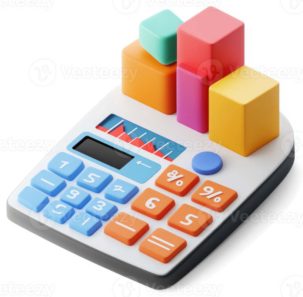 Colorful 3D calculator with stacked block graphs illustrates financial data analysis. png