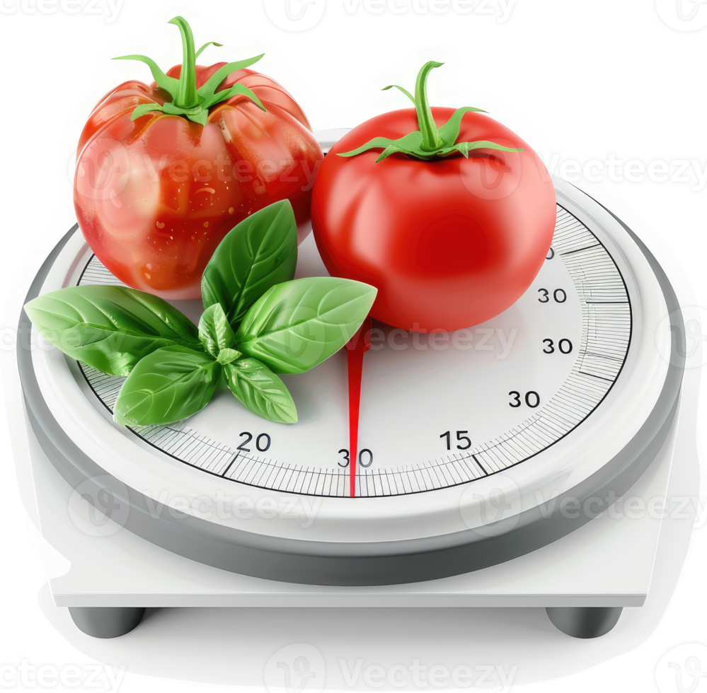 Fresh tomatoes weighed on a kitchen scale. png
