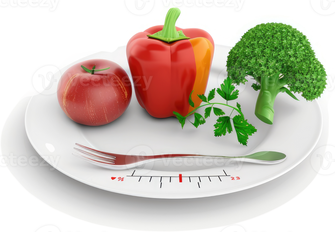 Colorful fruits and vegetables displayed on a plate with a measuring fork. png