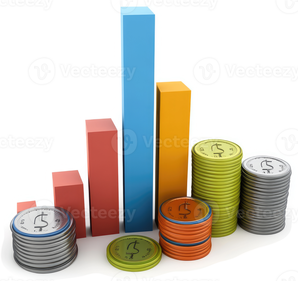 Financial growth represented by increasing bar graph and stacked coins. png