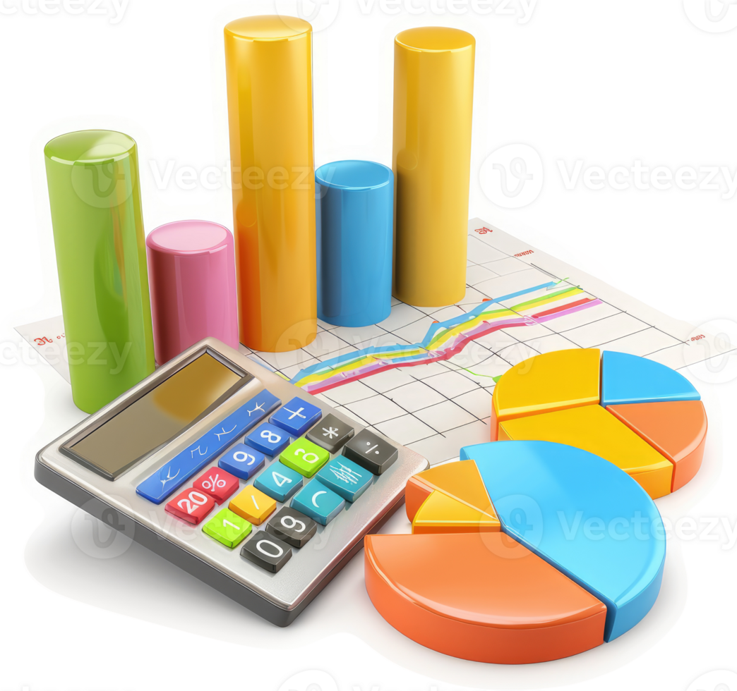 Colorful financial charts and a calculator illustrate data analysis. png