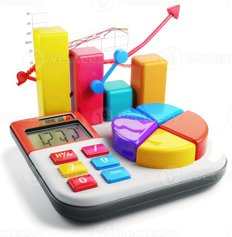 Colorful graphs and charts overlaid on a calculator display financial data. png