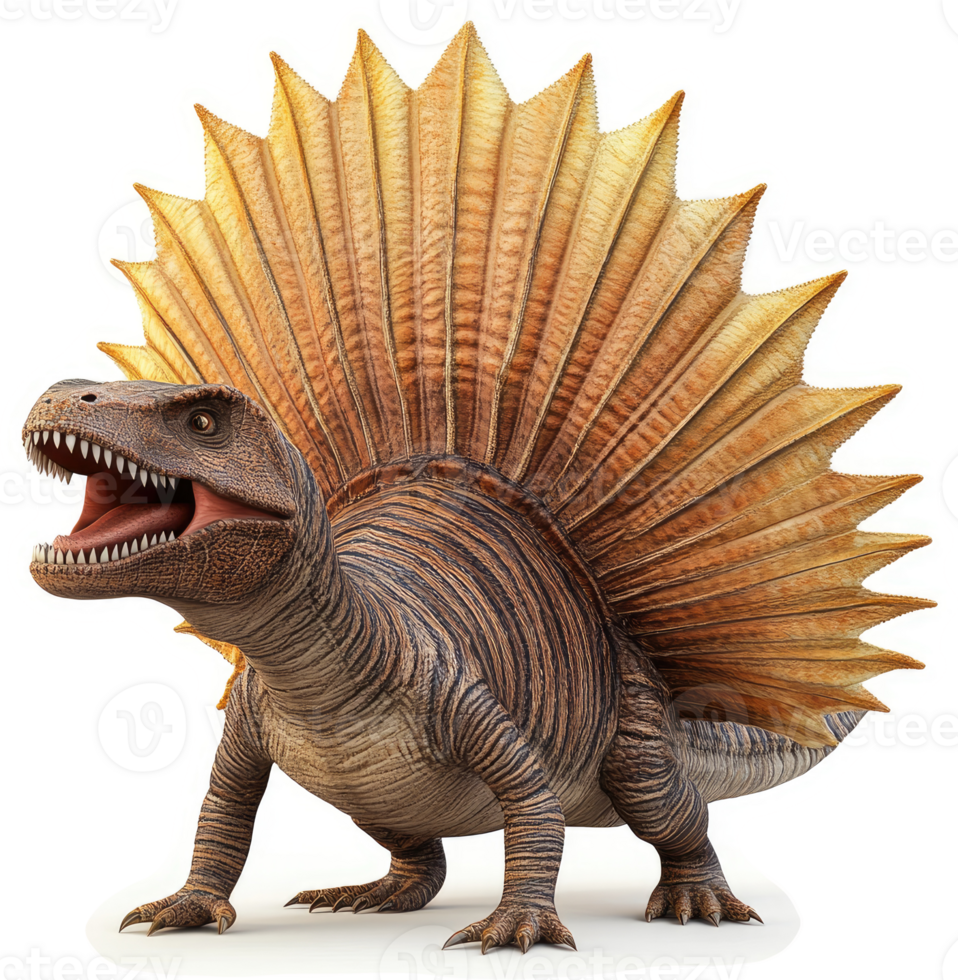 Prehistoric creature with a magnificent sailback displays fierce teeth. png