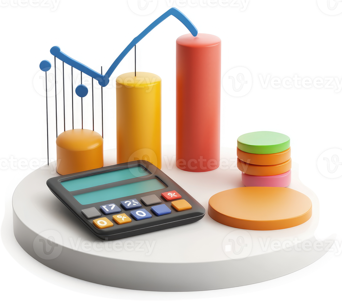 Colorful financial data visualization with calculator and bar graph. png