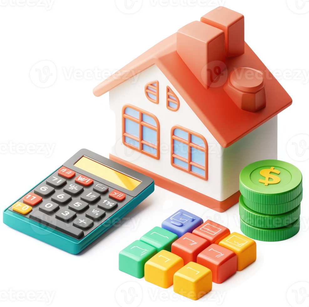 Financial planning for home ownership depicted with a miniature house, calculator, and money. png