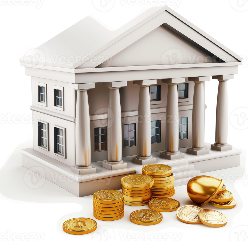 Gold-filled bank building, representing cryptocurrency investments. png