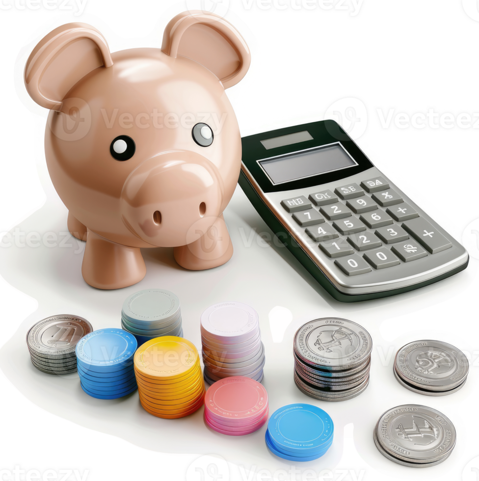 Piggy bank, calculator, and coins illustrate financial savings. png