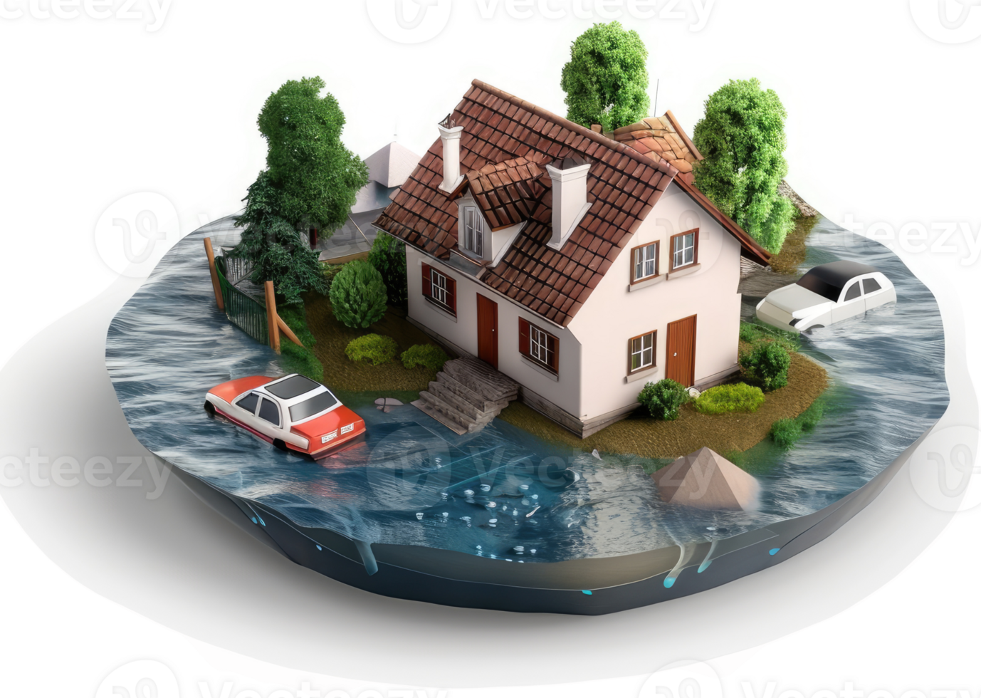 Flooded suburban home, a visual representation of property damage. png