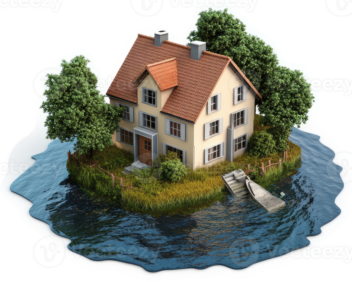 A charming home sits on an island in a tranquil body of water. png