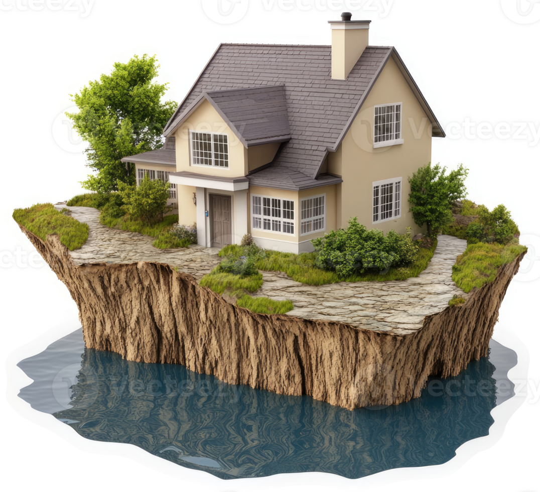 Floating home on a cliff overlooking a serene lake. png