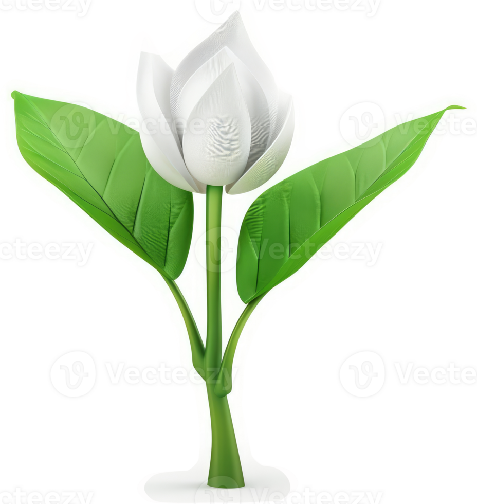 Vivid depiction of a single, white flower with lush green leaves. png