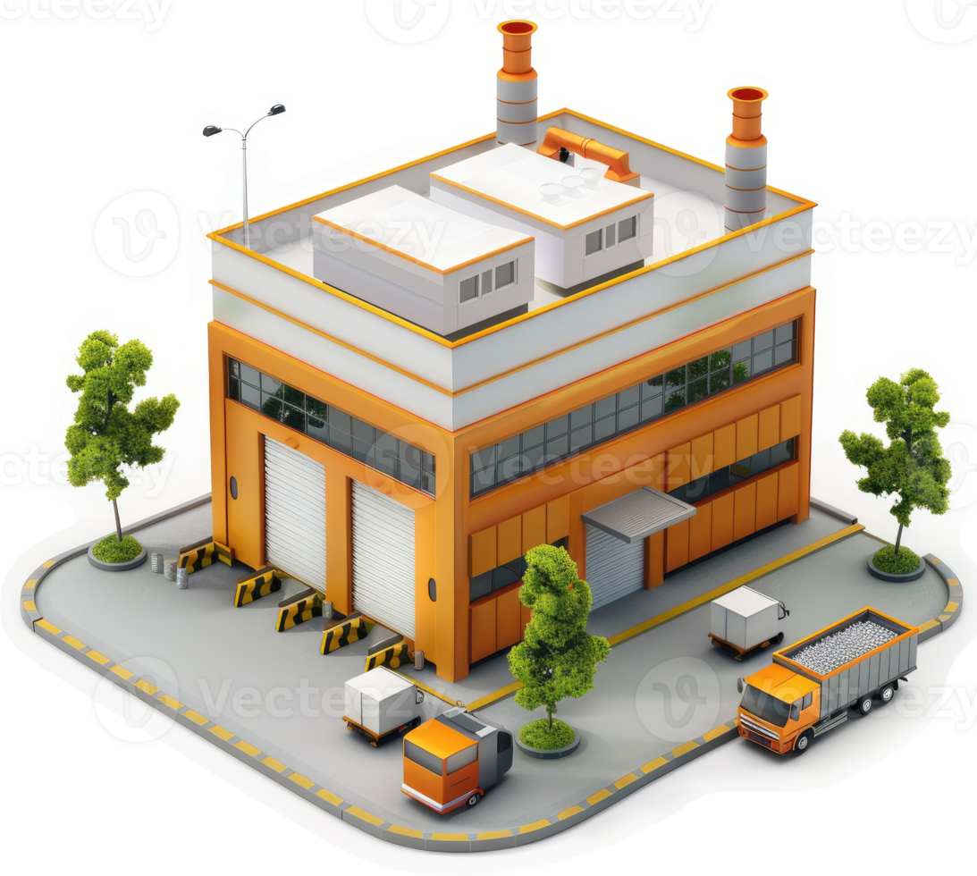 Industrial facility with loading docks and transportation vehicles. png