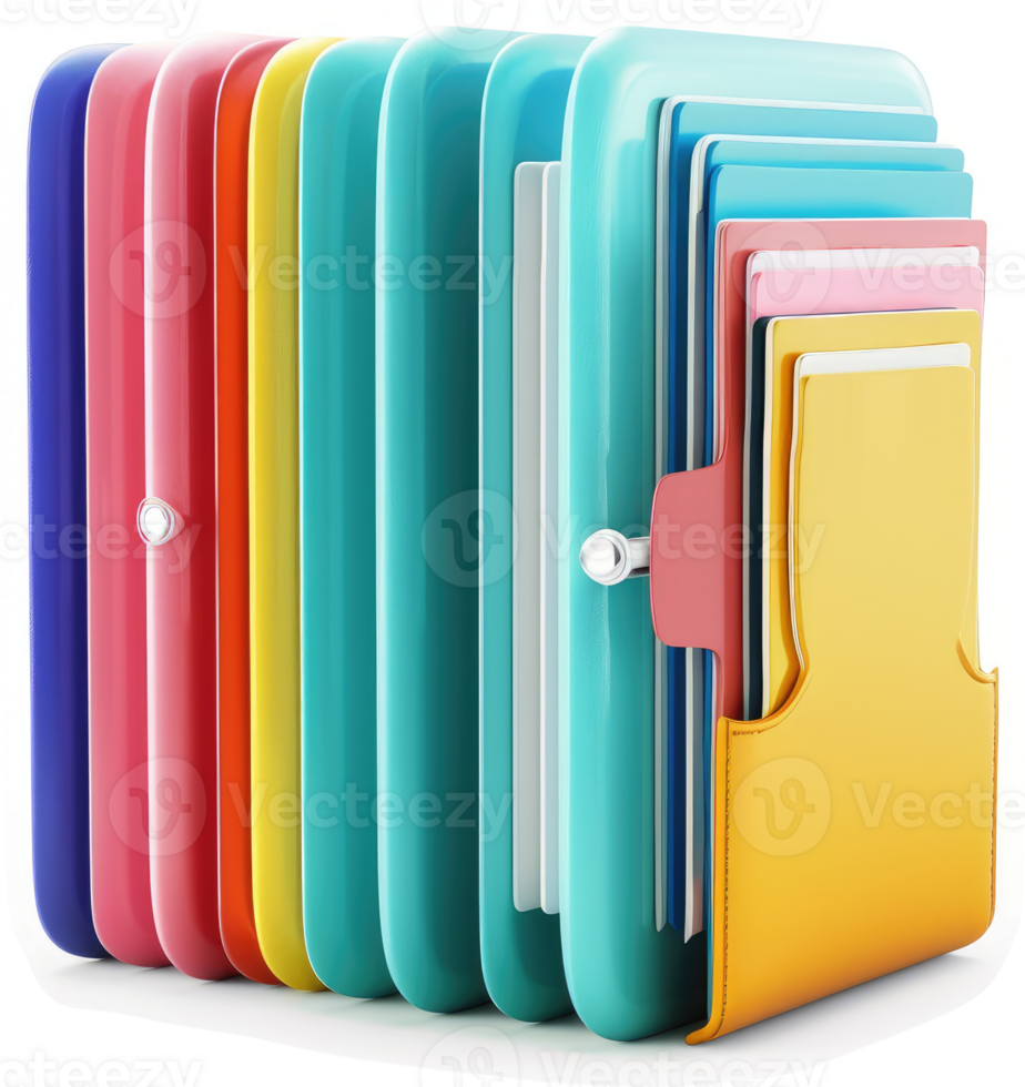 Colorful file folders organized in a stack, showcasing various document types. png