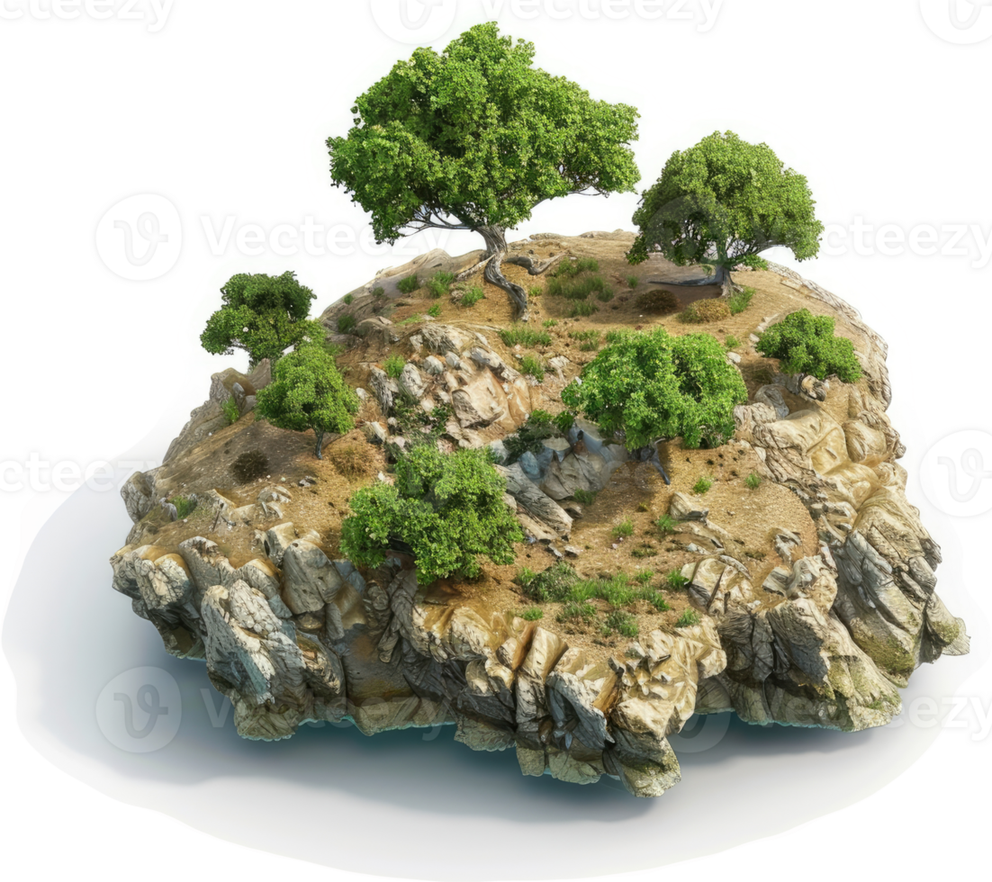 Isolated rocky island with lush vegetation. png