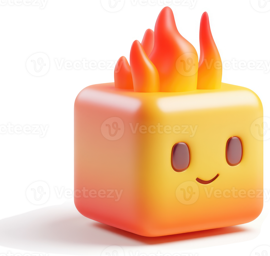 A stylized, cute cube with flames and a happy expression. png