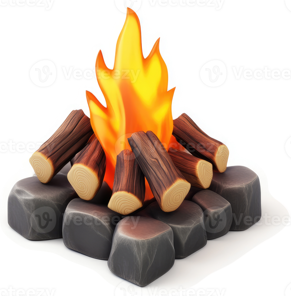 Campfire flames ignite amongst stacked logs on rocks. png