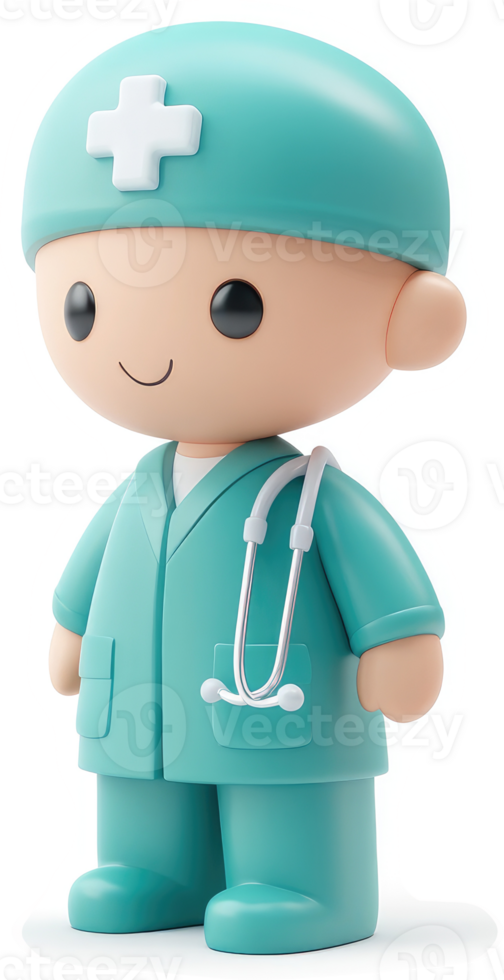 Friendly cartoon doctor character in teal uniform. png