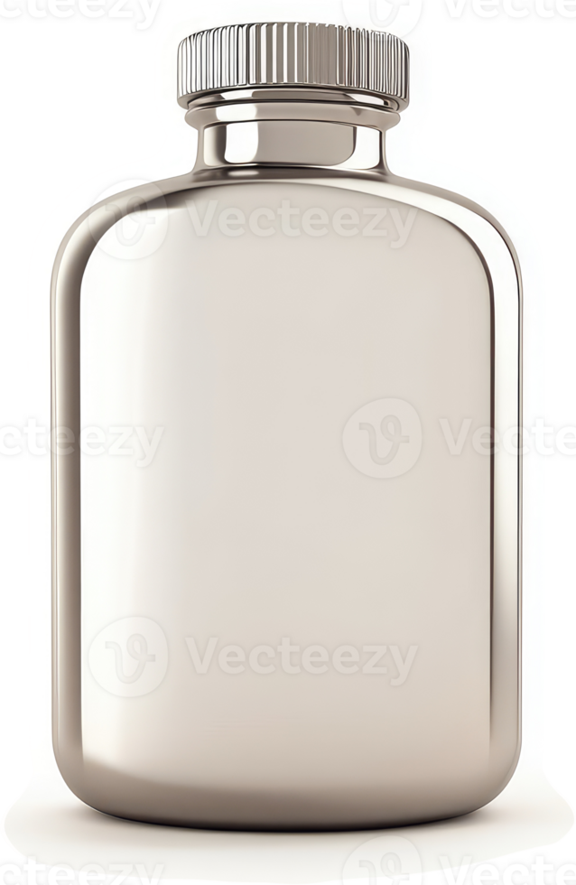 Polished metallic bottle with a screw-on cap. png