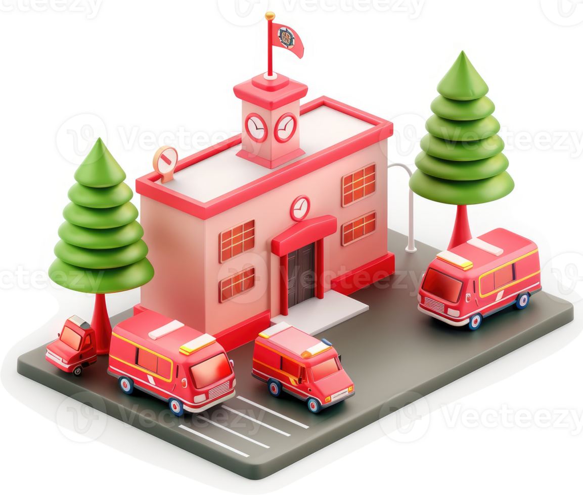 Colorful 3D model of a fire station with vehicles. png