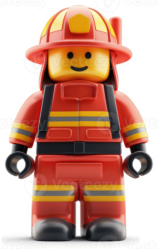 Smiling lego fire fighter figure stands proudly. png