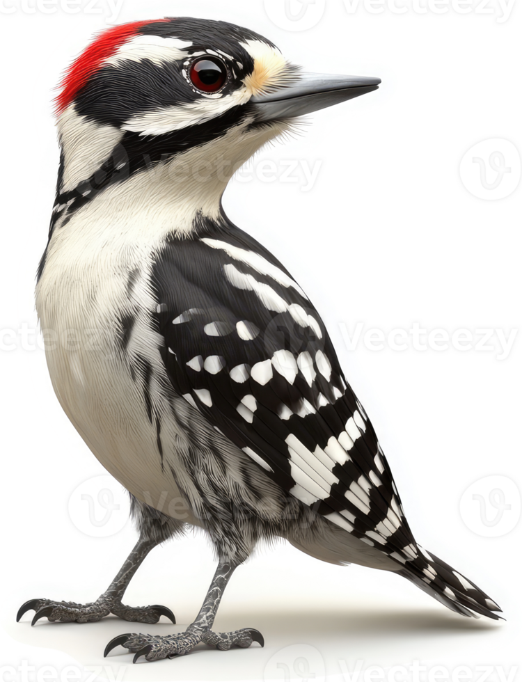 A woodpecker displays its distinctive black and white plumage. png