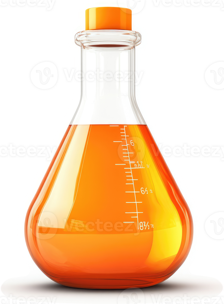Orange liquid fills a clear, graduated Erlenmeyer flask. png