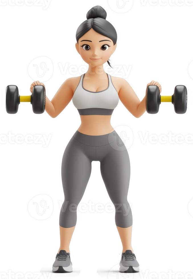 Animated female figure performs a bicep curl exercise. png