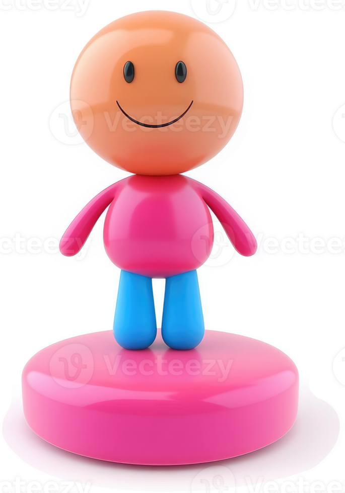 Smiling, cartoonish character stands on a pink base. png