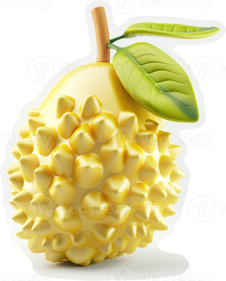 Golden-yellow durian fruit with lush leaves. png