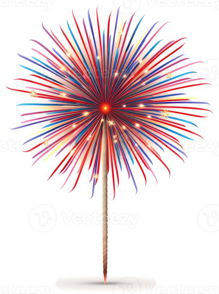 Colorful firework sparkles radiate from a wooden stick. png