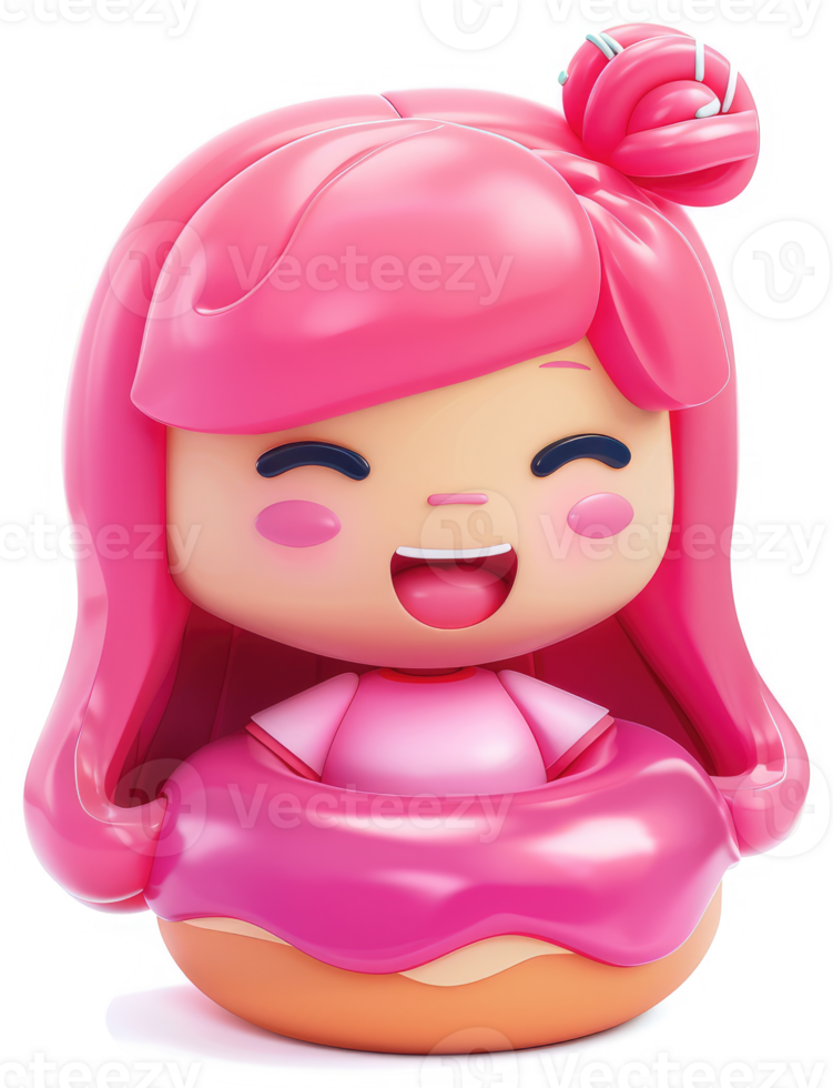 Playful pink girl doll figure inside a donut. png
