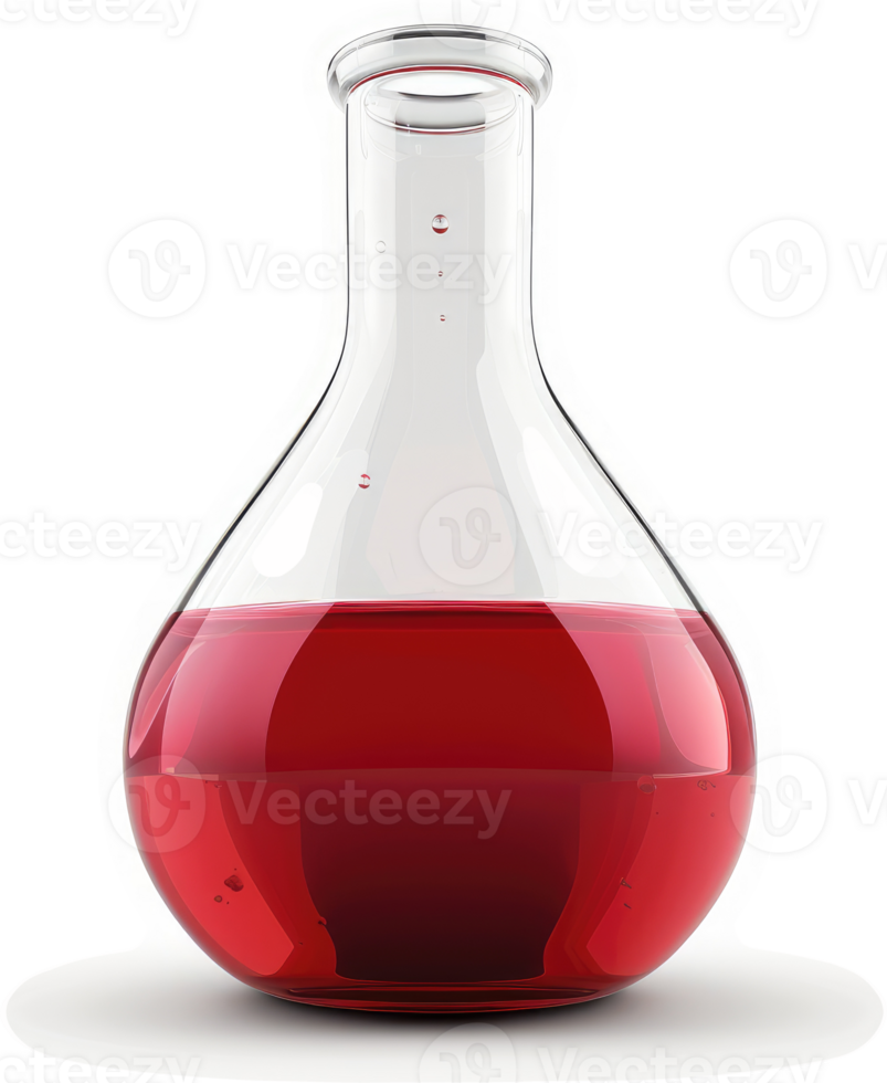 Transparent glass flask filled with red liquid. png