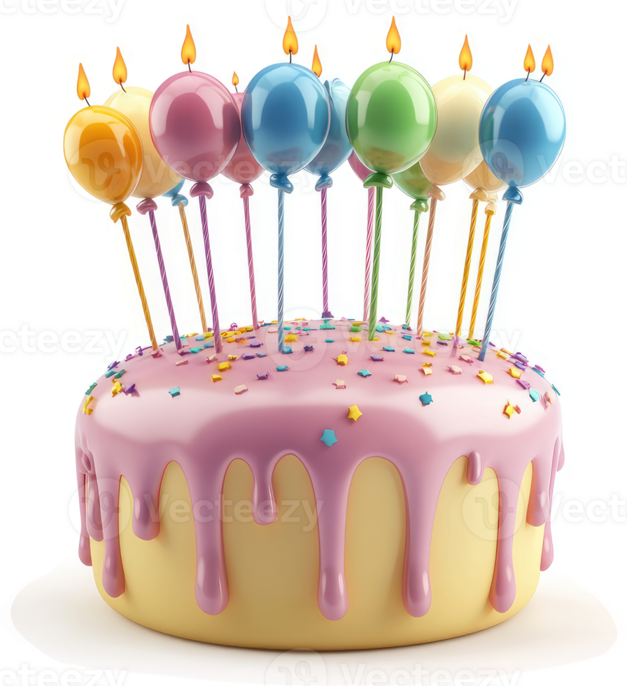 Festive birthday cake adorned with colorful balloons and candles. png