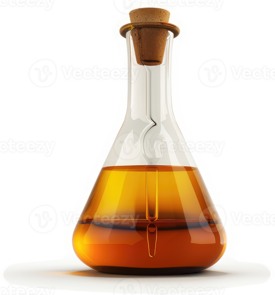 Amber liquid filled conical flask with stopper. png