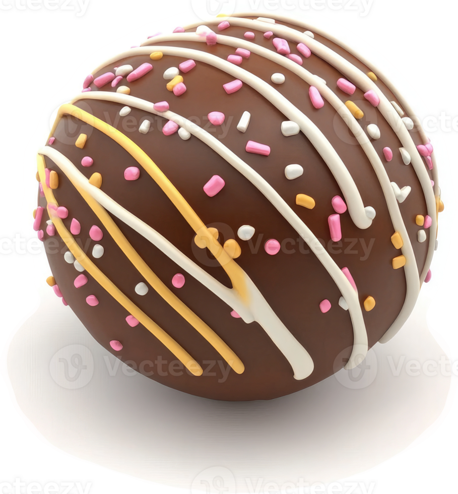 Round chocolate treat with colorful sprinkles and frosting. png