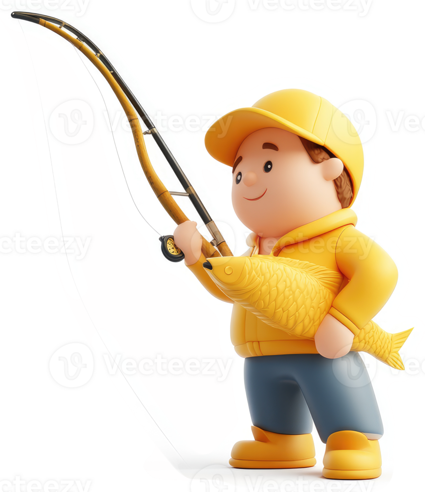Cheerful cartoon fisherman holds a fish and fishing rod. png