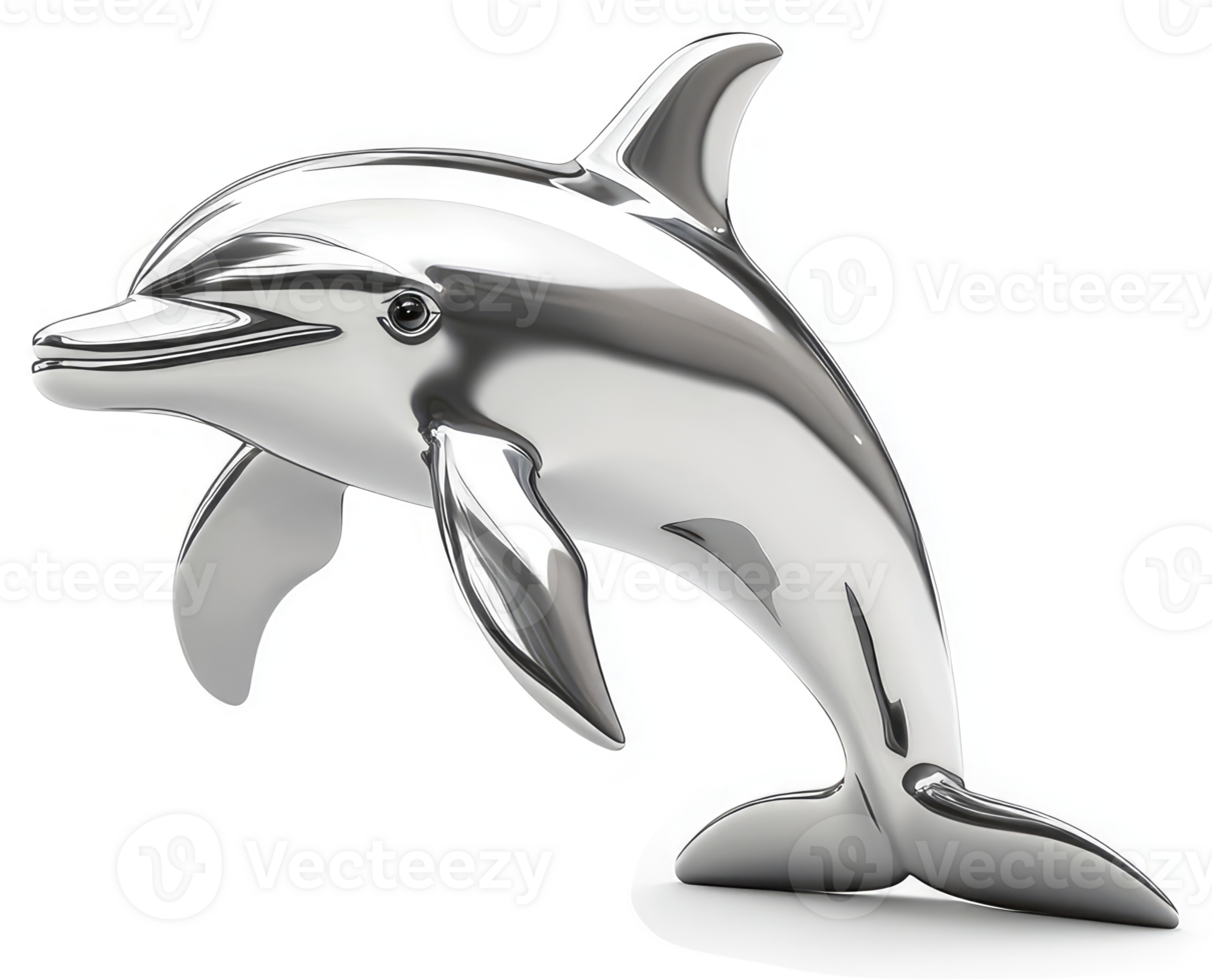 Polished metallic dolphin leaping in profile view. png