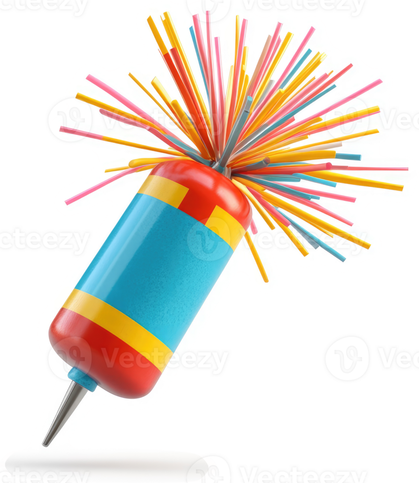 Colorful, cylindrical toy projectile with radiating streamers. png