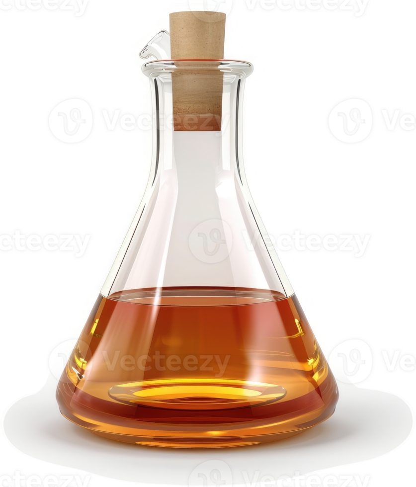 Transparent amber liquid in a conical flask with a cork stopper. png