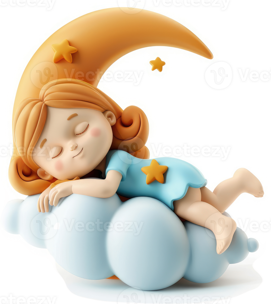 A sweet girl sleeps peacefully on a cloud crescent moon. png