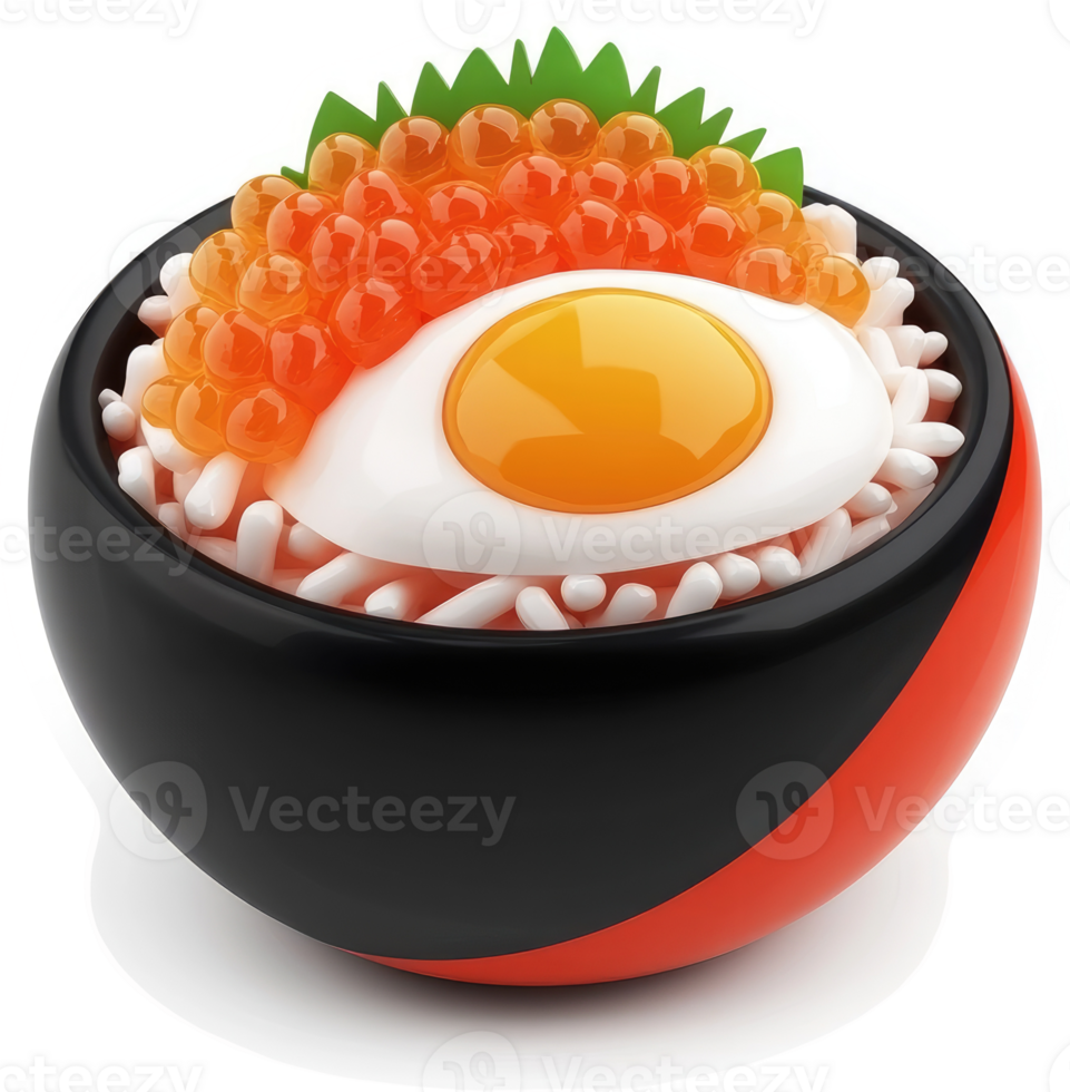 Vibrant bowl of rice topped with salmon roe and egg. png