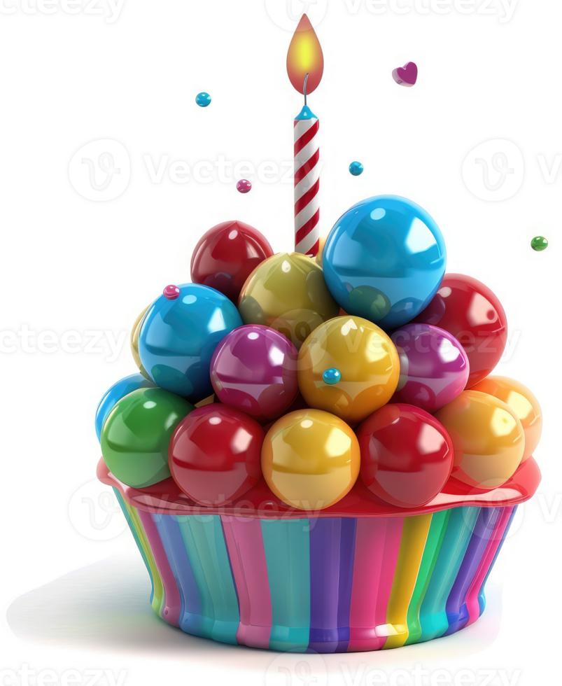 Colorful cupcake with gumdrop decorations and a lit candle. png