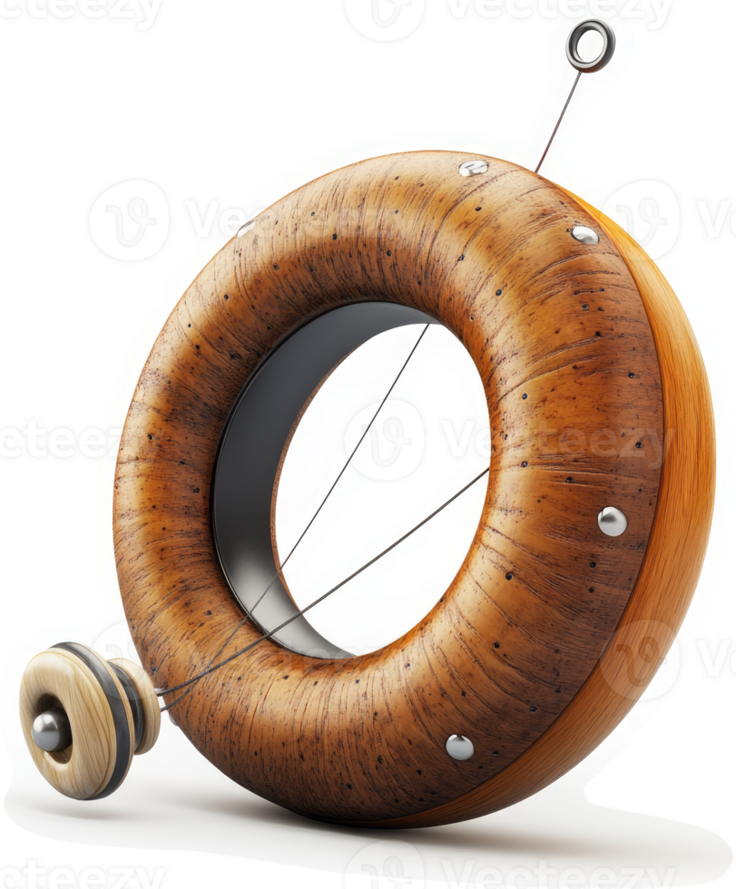 Wooden ring toy with intricate design and mechanical elements. png