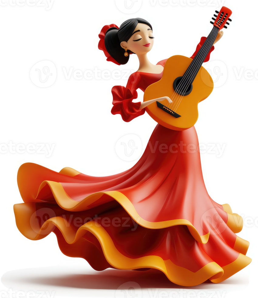 A charming depiction of a flamenco dancer playing a classical guitar. png