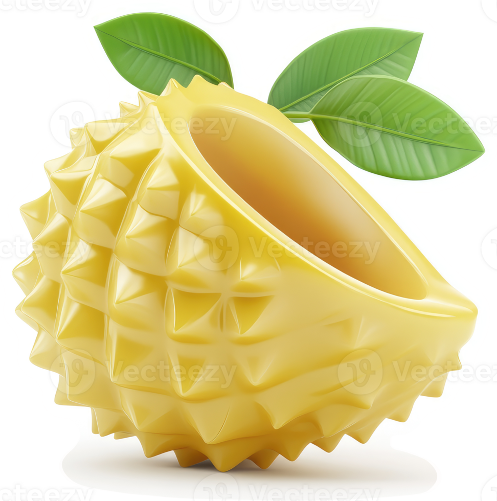 A vibrant yellow durian fruit, half-opened, displays its interior. png