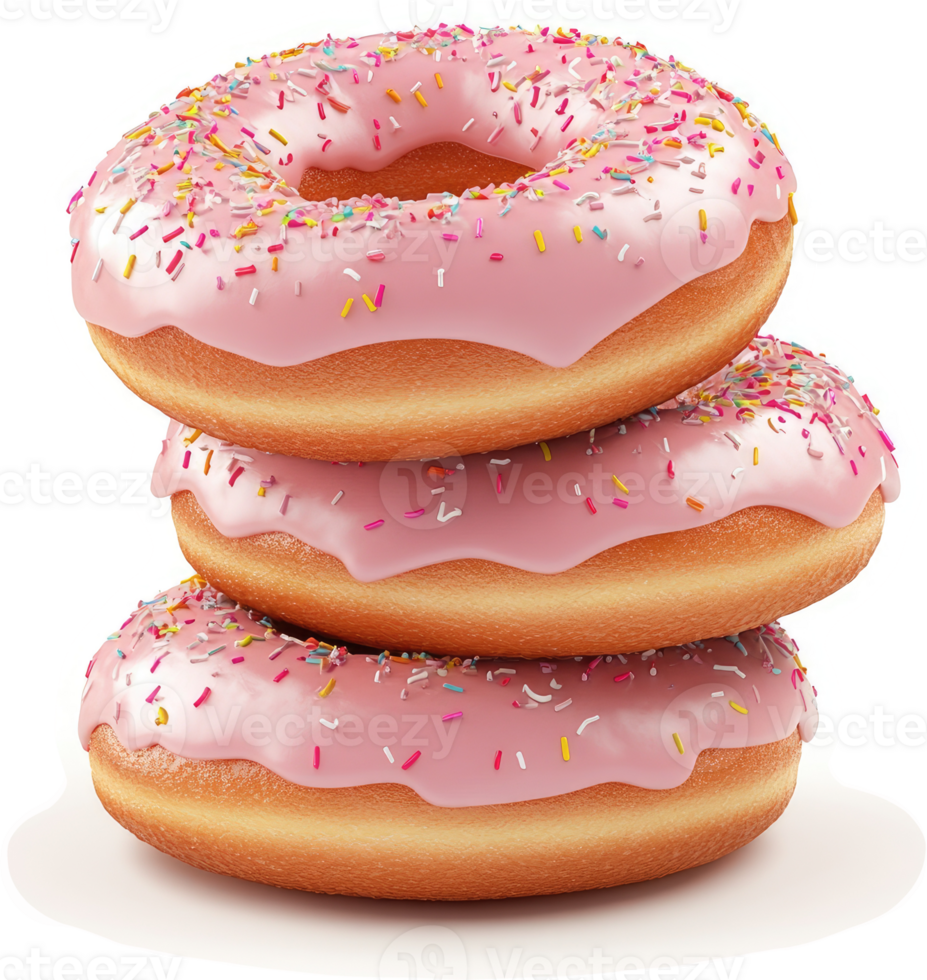 Three glazed donuts stacked high with sprinkles. png