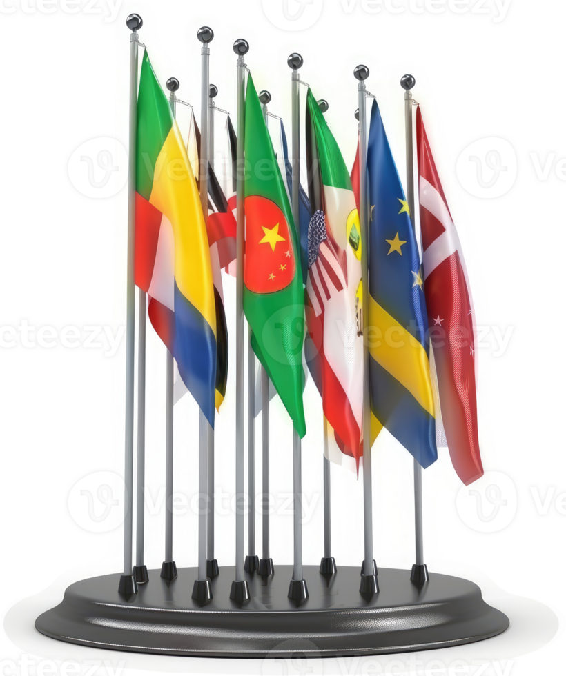 Multiple national flags displayed on flagpoles, arranged on a circular base. png